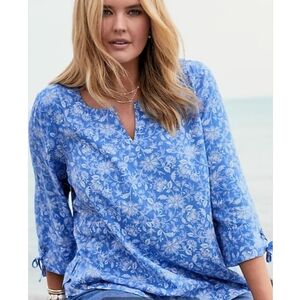 J. Jill Linen-Blend Tie-Sleeve Top Blue Floral Split-Neck Tunic Top Plus Size 3X